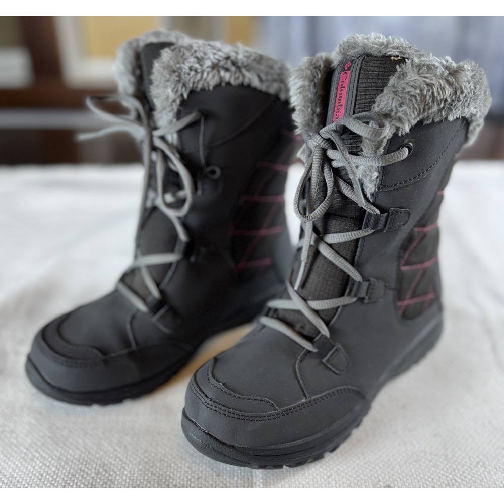 Columbia Boots Womens Size 5 Black Gray Faux Fur Winter Snow Lace Up Waterproof